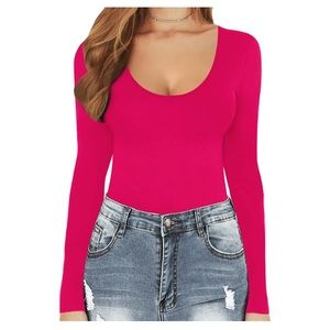 NWOT Women's Scoop Neck Rose Sexy Long Sleeve Stretchy Basic Bodysuit Shirt Top